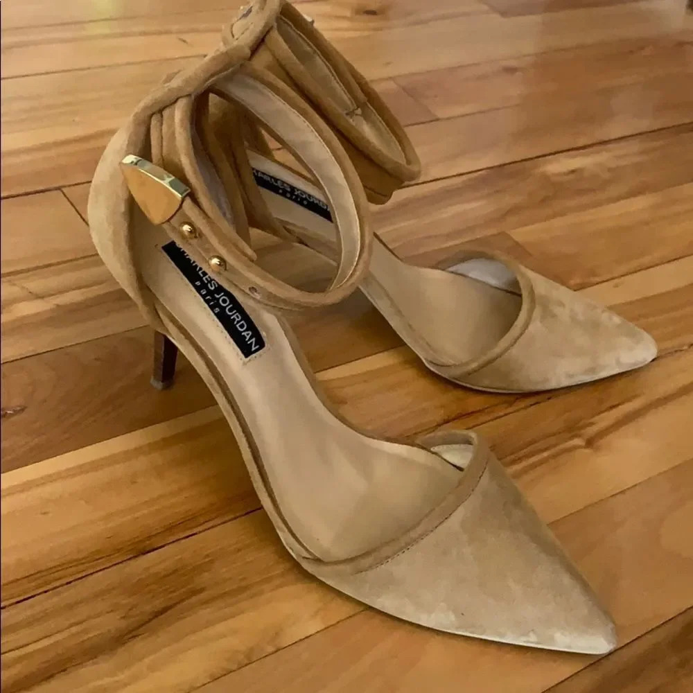 Charles
Jourdan camel suede ankle strap pumps